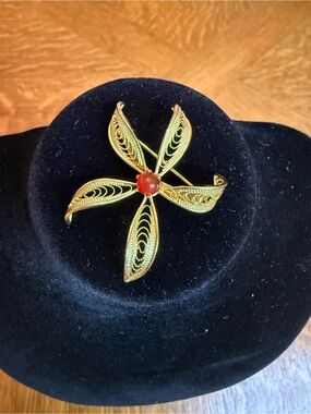 Gold Filigree Flower Pin with Red Center